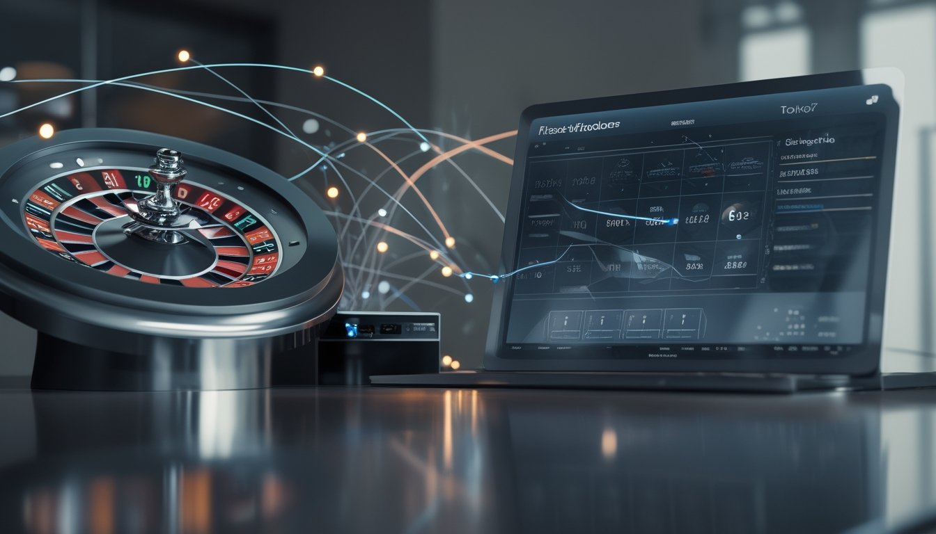 Roda roulette digital dengan bola yang bergerak dan visualisasi abstrak data di dekatnya.