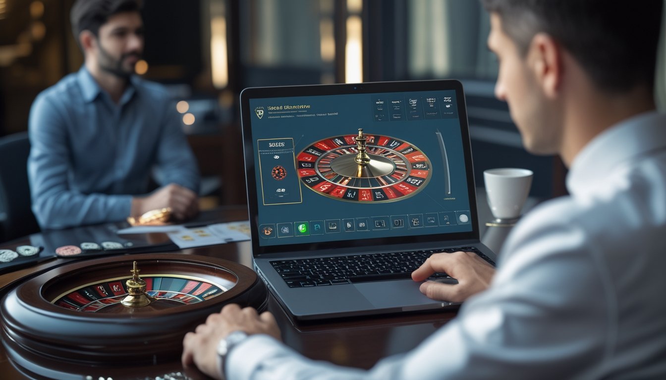 Seseorang menggunakan laptop dengan tampilan permainan roulette di dekat meja roulette.