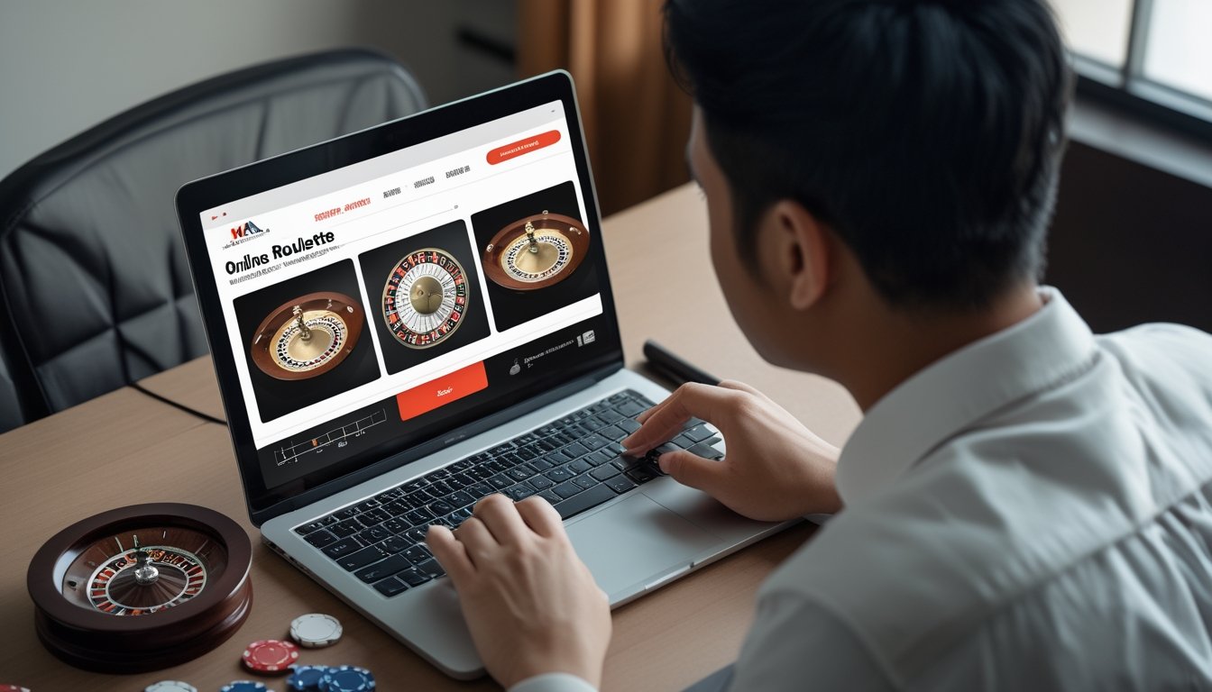 Seseorang memeriksa platform roulette di laptop dengan teliti.