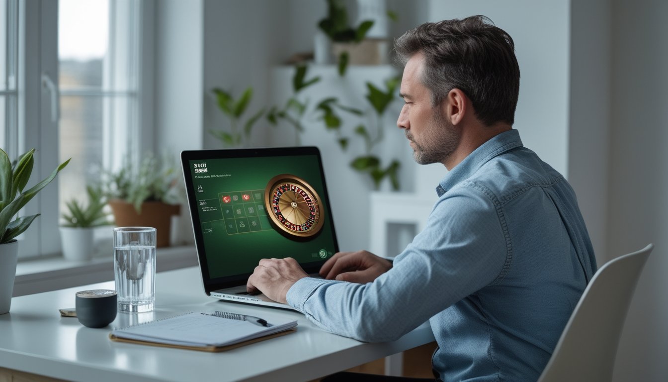 Seseorang dewasa bermain roulette di laptop dengan suasana tenang di meja rumah.