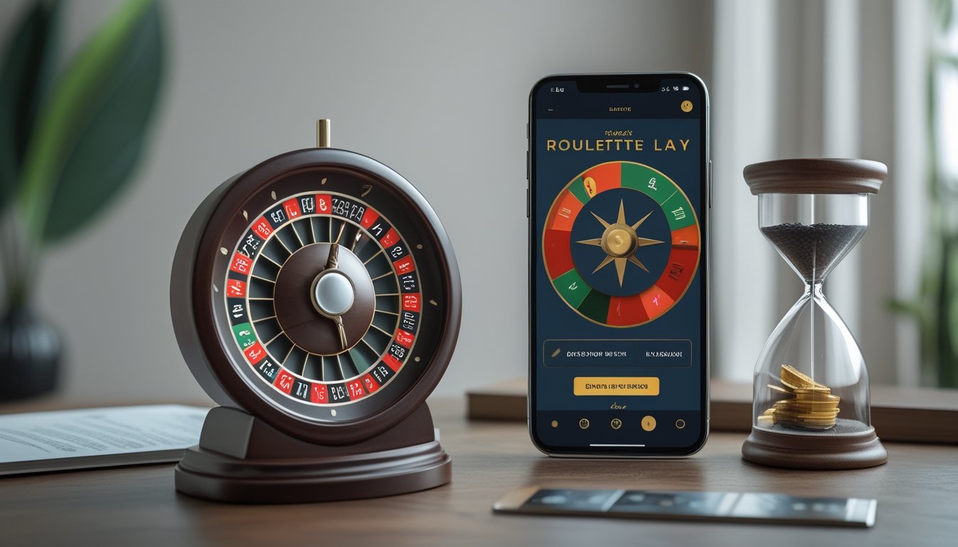 Roda roulette dan ponsel berada di dekat buku hukum serta dokumen.
