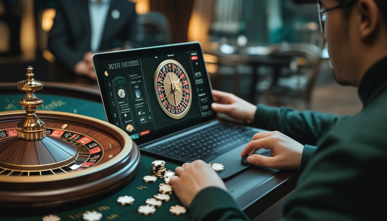 Seseorang melihat permainan roulette di laptop dengan roda roulette dan beberapa keping taruhan di meja.