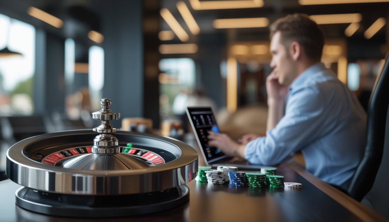Pemain memperhatikan roda roulette di samping laptop dengan beberapa keping taruhan di atas meja.