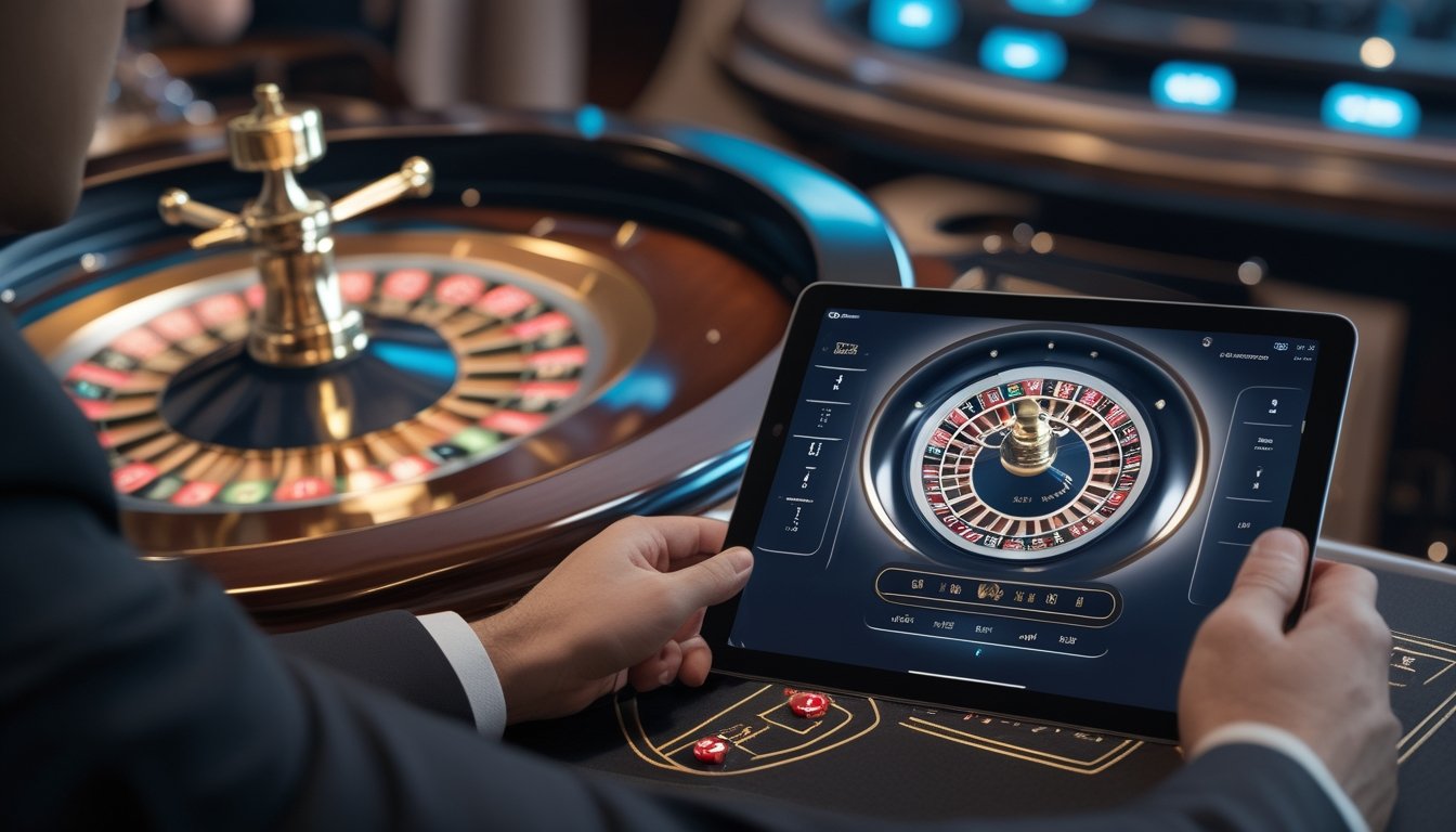 Seseorang menggunakan tablet di dekat roda roulette di kasino modern.