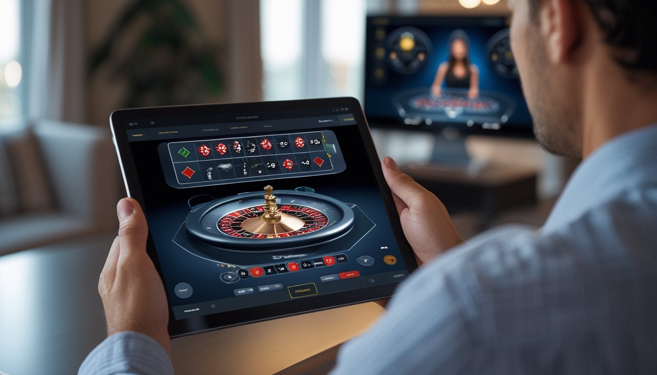 Seorang pemain melihat permainan roulette digital di tablet.