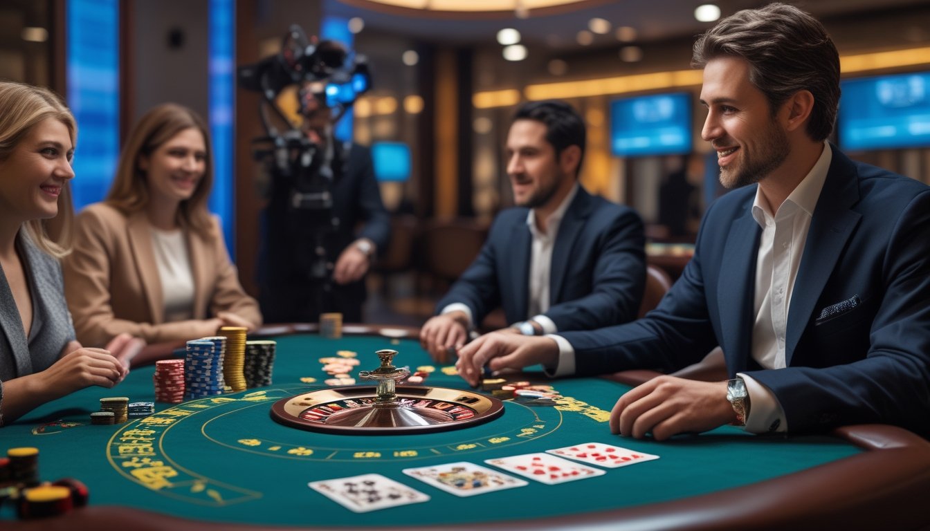 Seorang dealer memandu permainan kartu dan roulette di meja kasino bersama beberapa pemain dewasa.