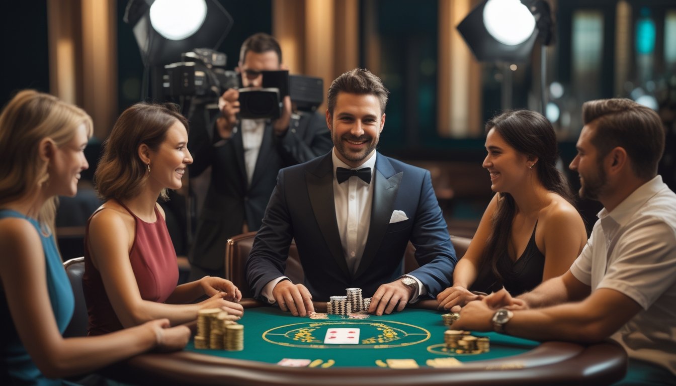 Dealer kasino memandu permainan kartu bersama para pemain di meja.