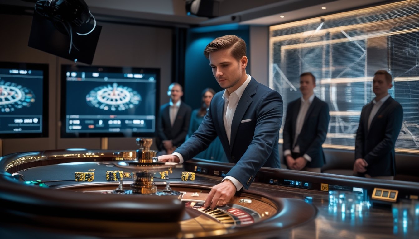 Seorang bandar memandu permainan roulette di studio kasino modern dengan kamera siaran dan layar digital.