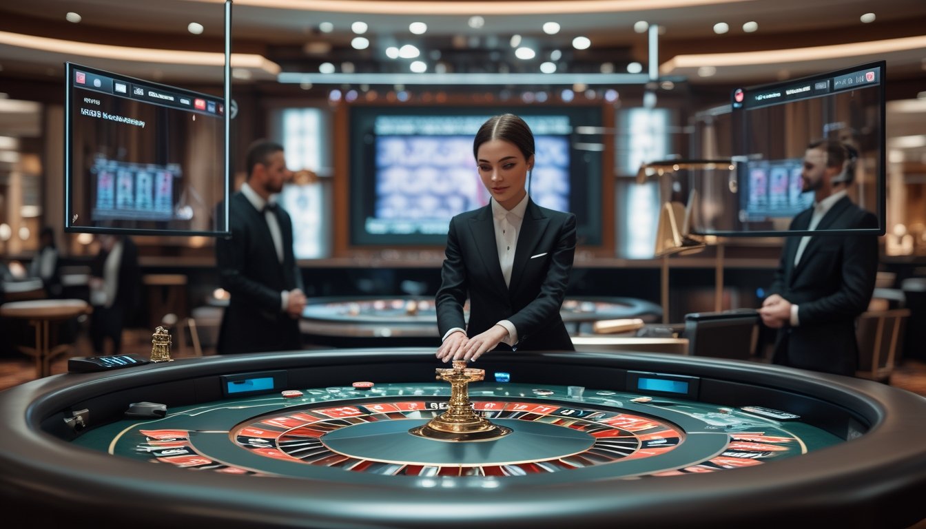 Seorang dealer memandu permainan roulette di studio kasino dengan pemain yang terhubung melalui layar.