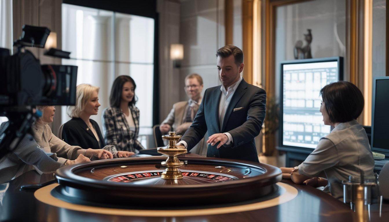 Seorang pemandu permainan memimpin permainan roulette di studio kasino bersama beberapa pemain.