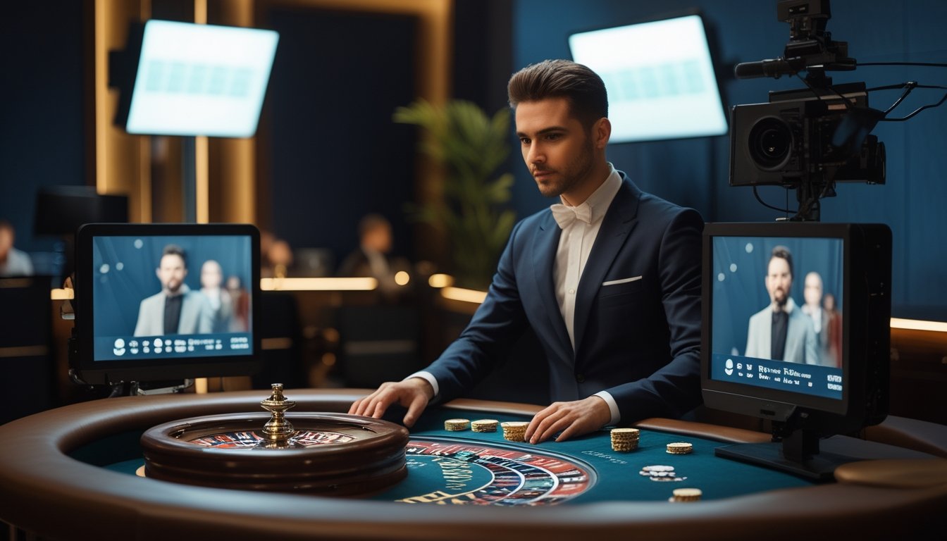 Dealer memandu permainan roulette di studio kasino dengan pemain yang terhubung melalui layar.