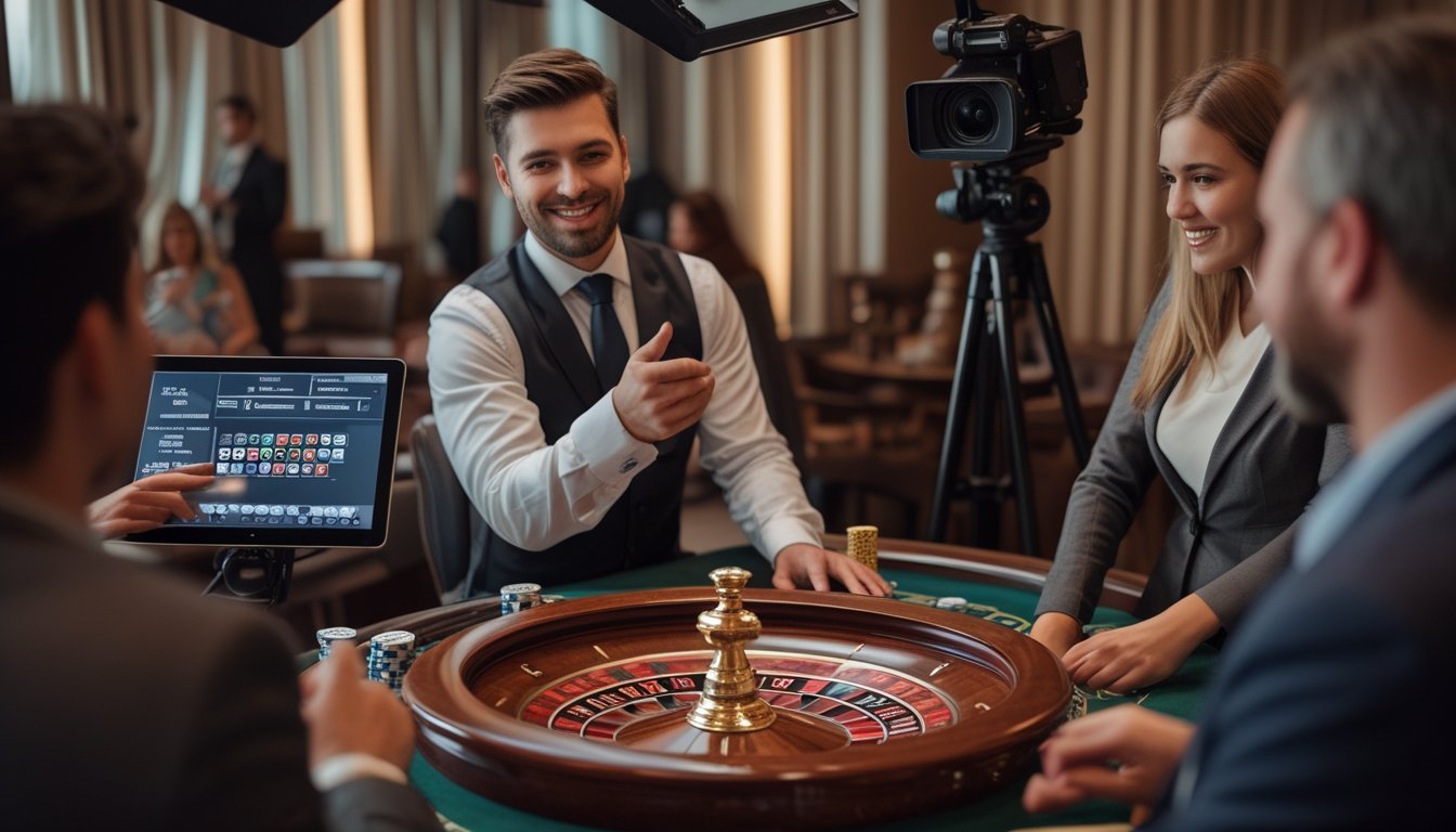 Seorang dealer memandu permainan roulette di studio, sementara pemain melihat melalui perangkat digital.