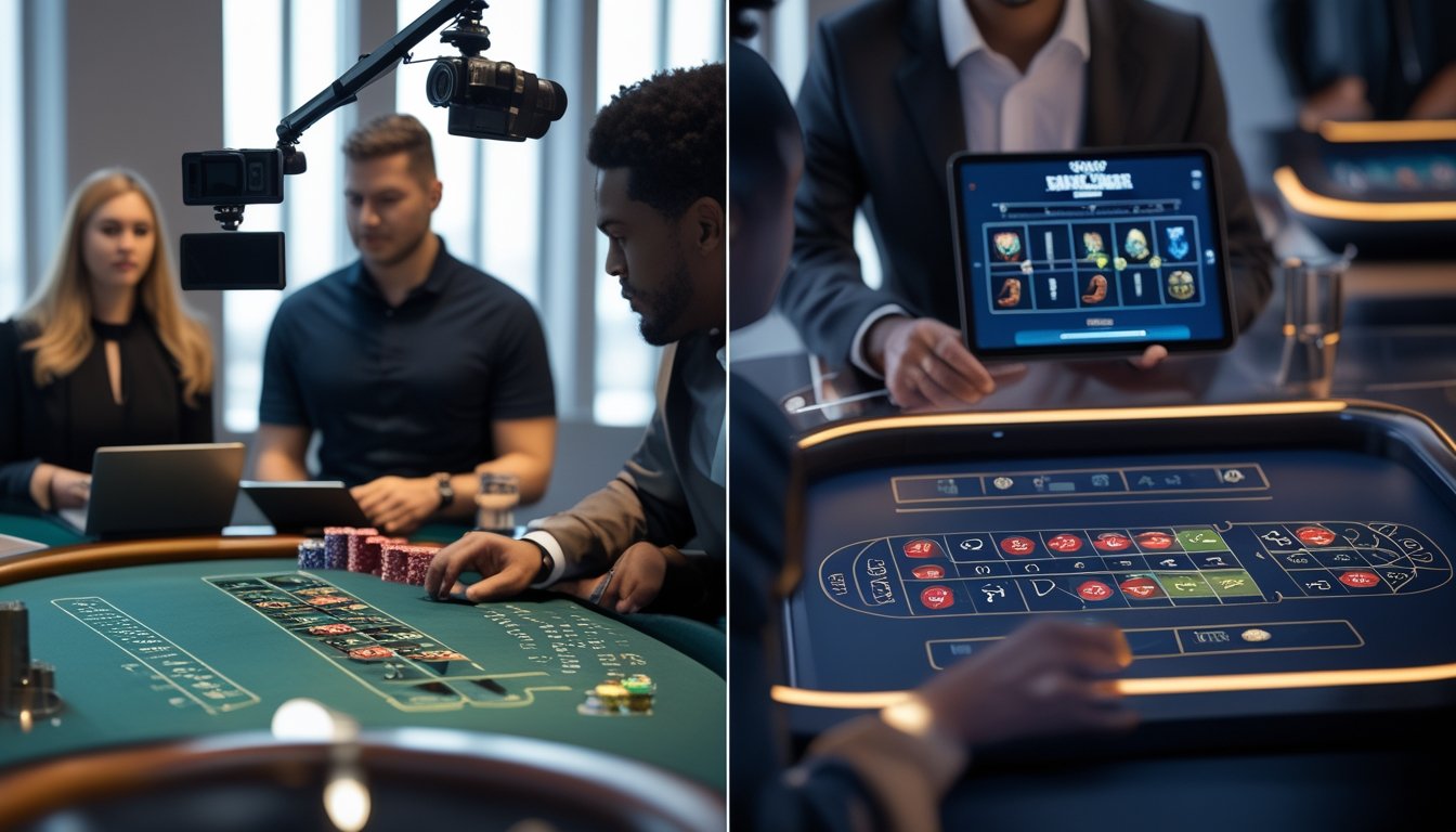 Seorang dealer memandu permainan roulette di satu sisi, sementara seseorang memainkan permainan kasino digital lewat tablet di sisi lain.