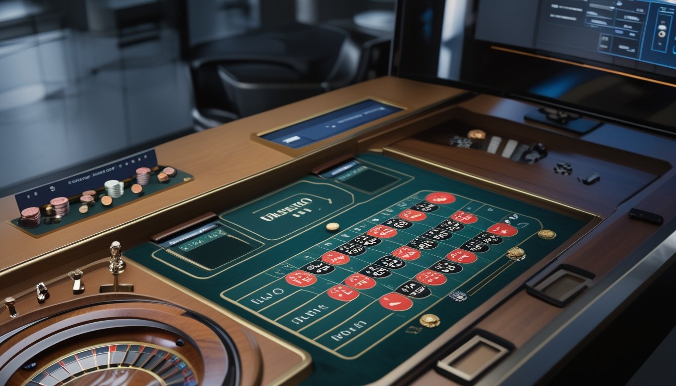 Dealer duduk di belakang meja roulette dengan roda dan keping taruhan.