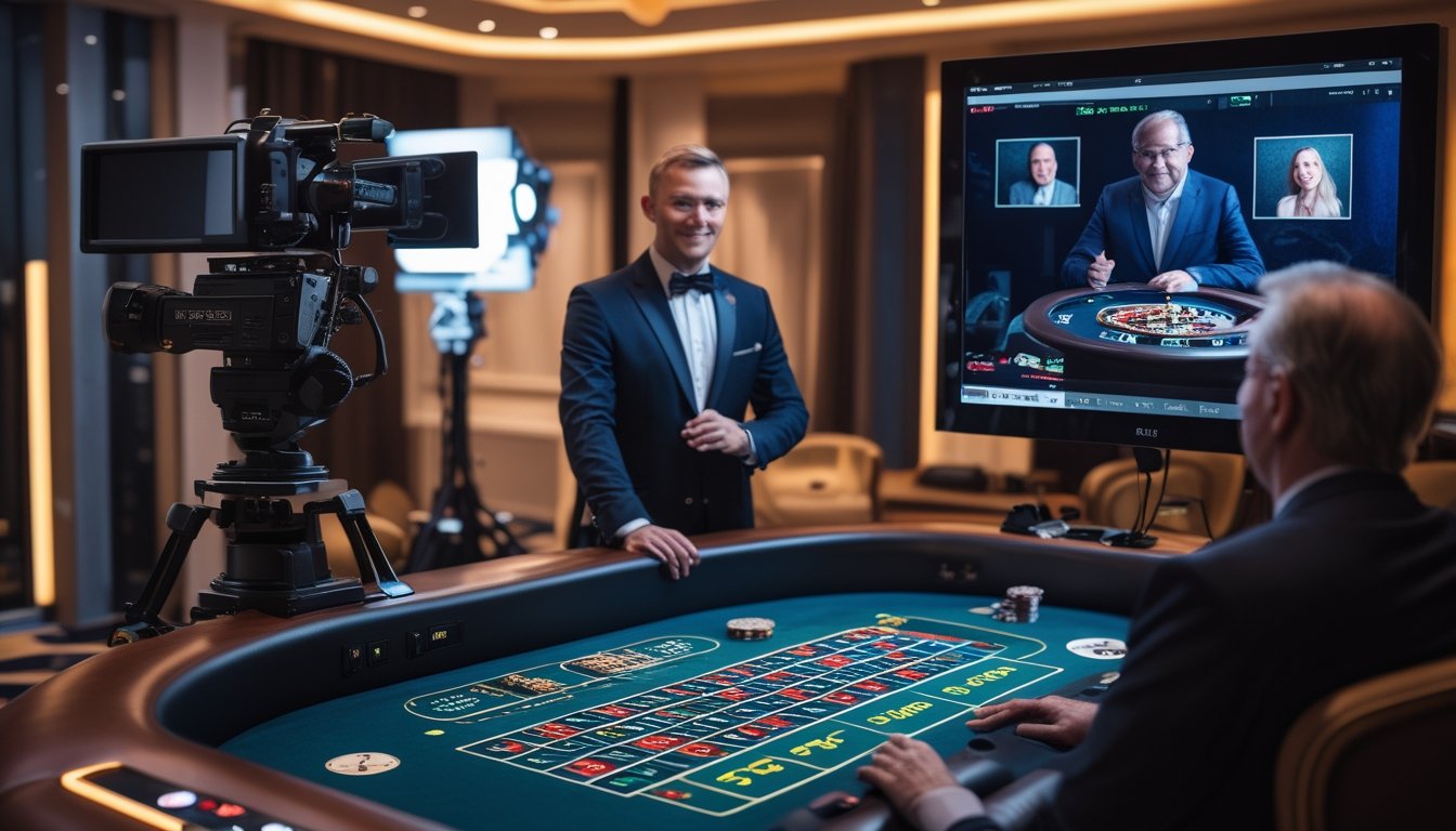 Seorang dealer roulette memandu permainan di studio kasino dengan kamera siaran dan layar yang menampilkan pemain jarak jauh.