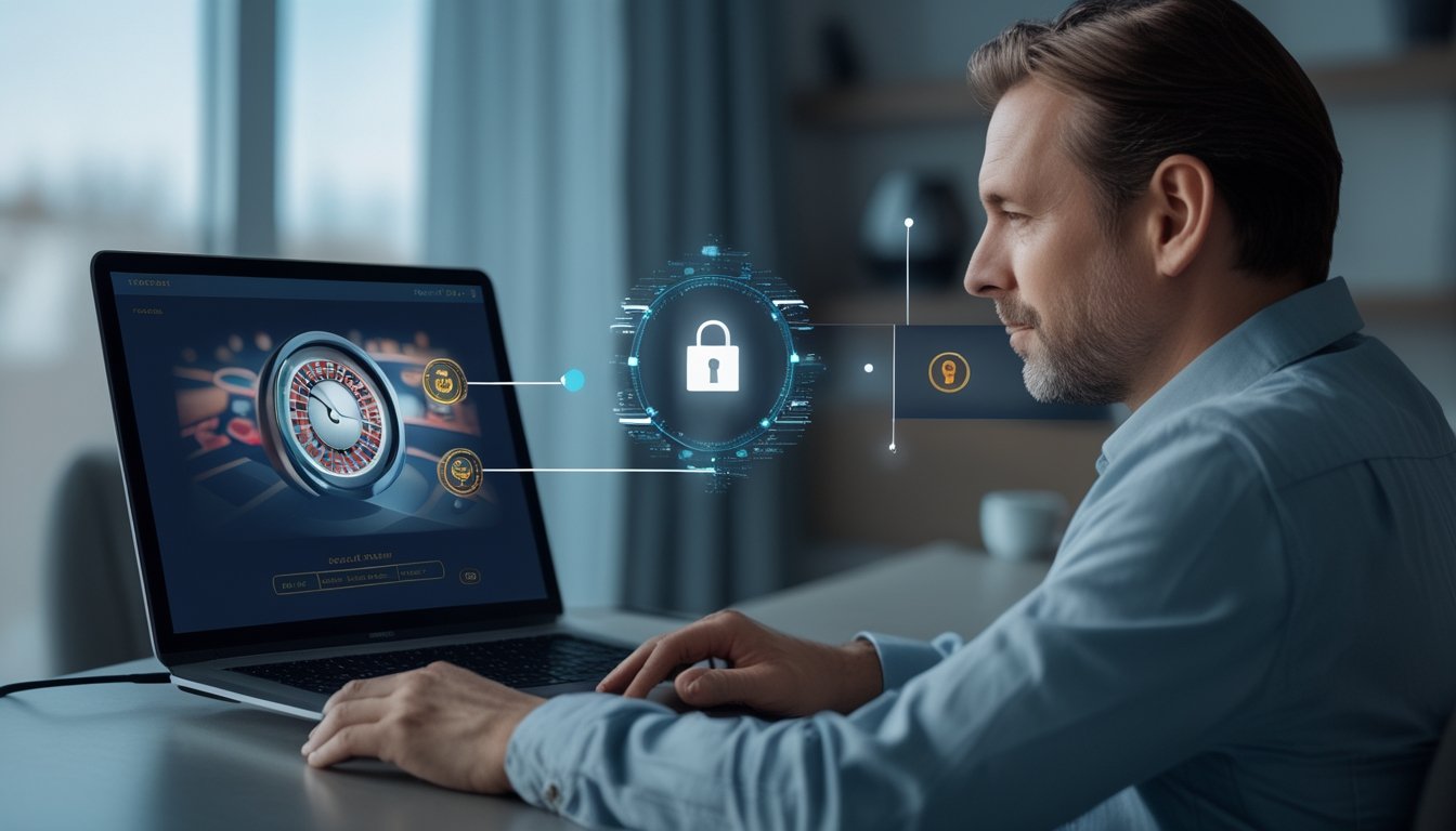 Seorang pengguna dewasa melihat laptop dengan antarmuka kasino langsung dan simbol keamanan data.