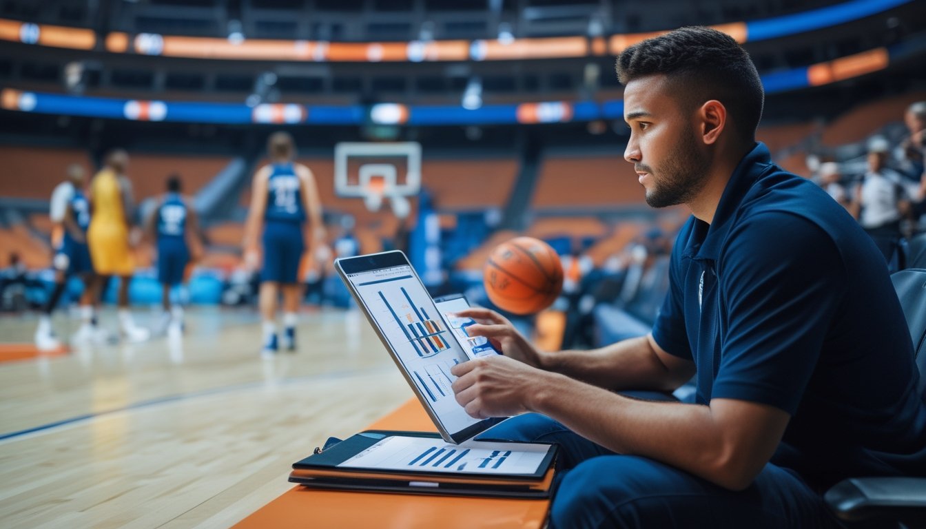 Seorang analis basket mempelajari tablet di tepi lapangan saat pertandingan berlangsung.