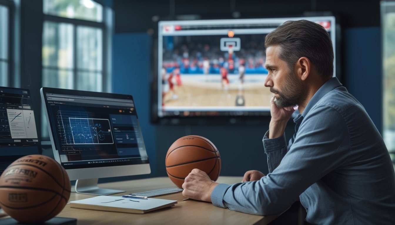 Seorang analis mempelajari pertandingan basket dan grafik prediksi di meja kerja.