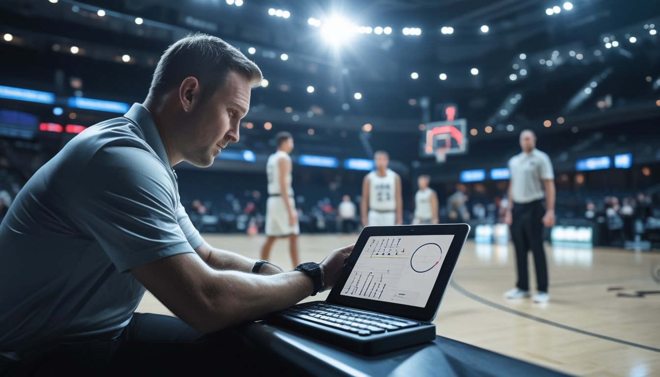 Pelatih dan analis basket meninjau data pertandingan di tepi lapangan saat para pemain berlatih.