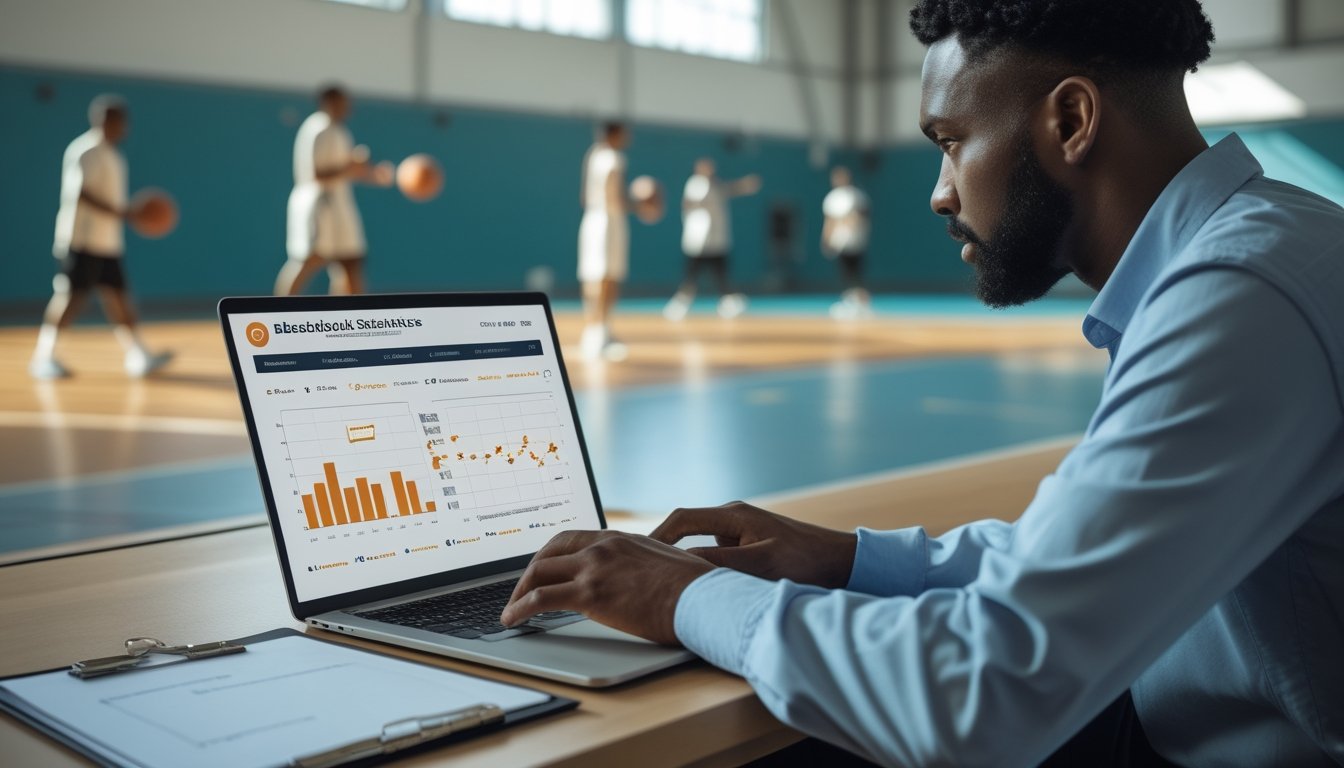Seorang analis mempelajari grafik statistik basket di laptop sementara pemain berlatih di lapangan.