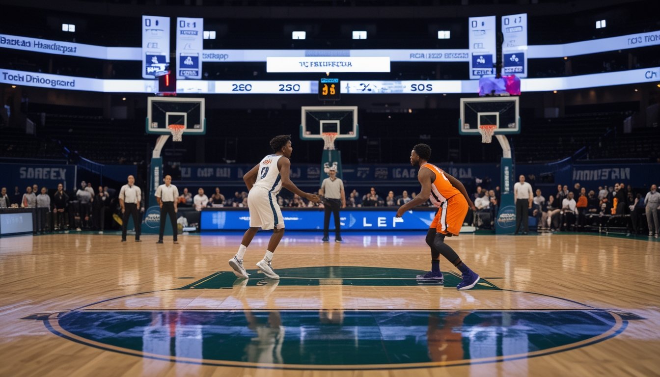 Dua pemain basket berebut bola di dekat ring, dengan papan skor dan penonton terlihat di belakang.