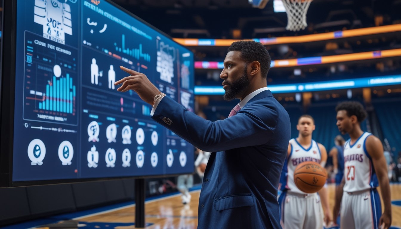Seorang analis mempelajari statistik pertandingan basket di arena, sementara para pemain berada di dekat lapangan.