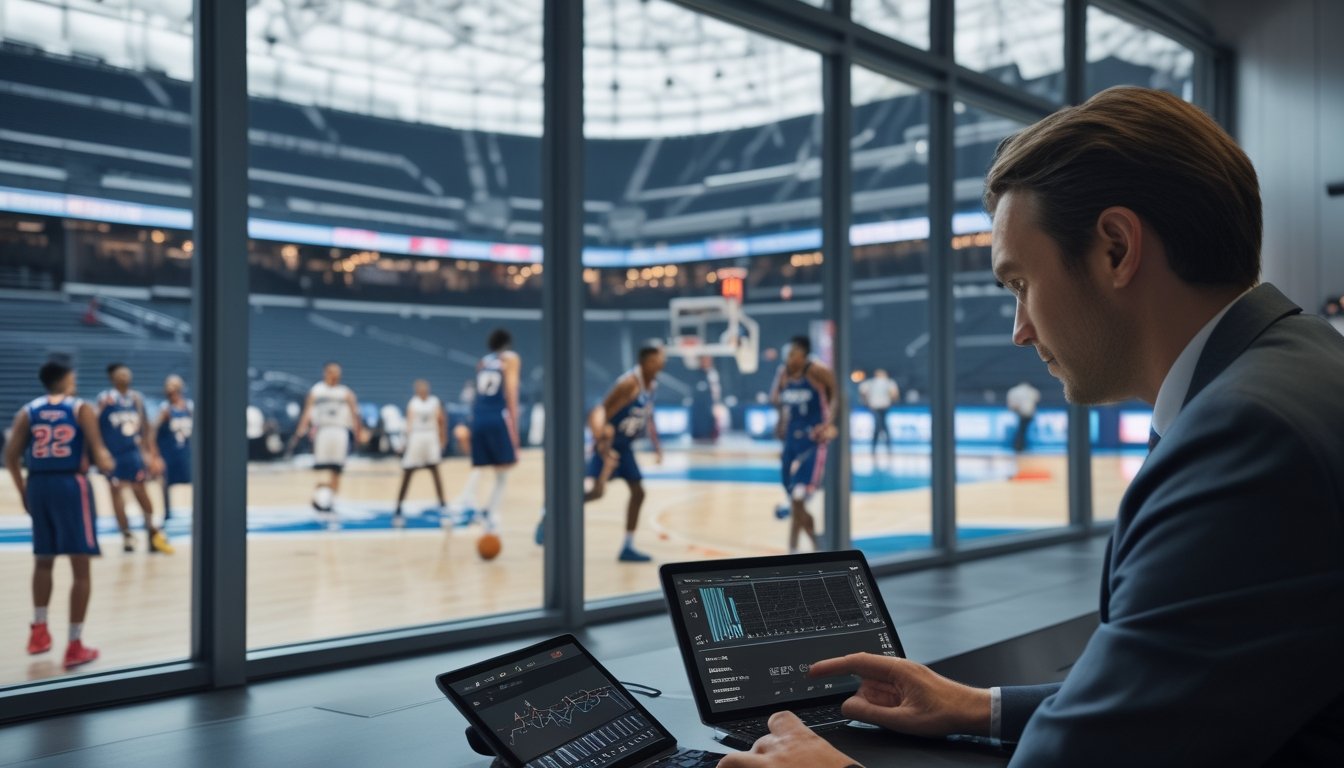 Seorang analis mengamati pertandingan basket sambil memeriksa grafik statistik pemain di tablet.