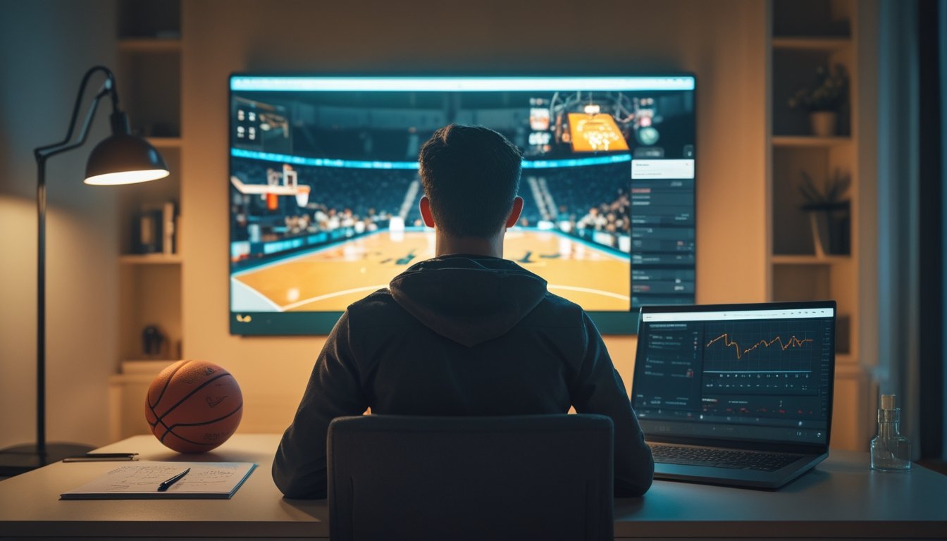 Seseorang mengamati pertandingan basket di layar sambil menggunakan laptop.
