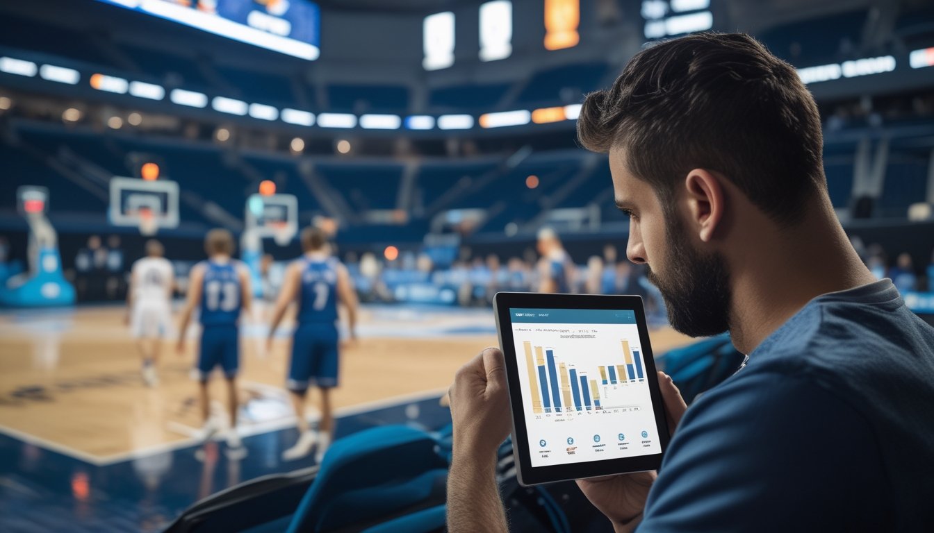 Seorang penggemar basket melihat pertandingan sambil mengamati grafik pada tablet.
