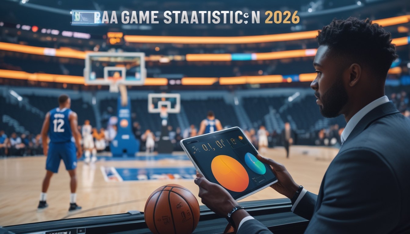 Seorang analis mengamati pertandingan basket sambil mempelajari data di tablet.