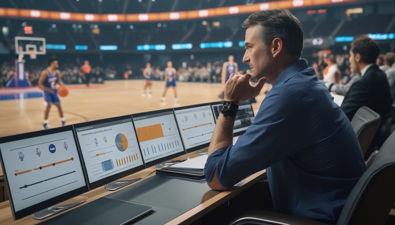 Seorang analis mengamati pertandingan basket sambil menelaah grafik statistik.
