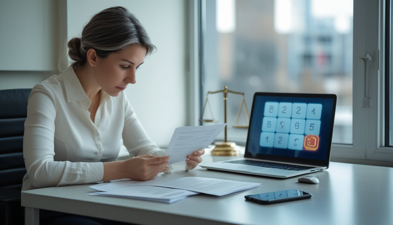 Seseorang meninjau dokumen hukum di meja dengan laptop dan ponsel.