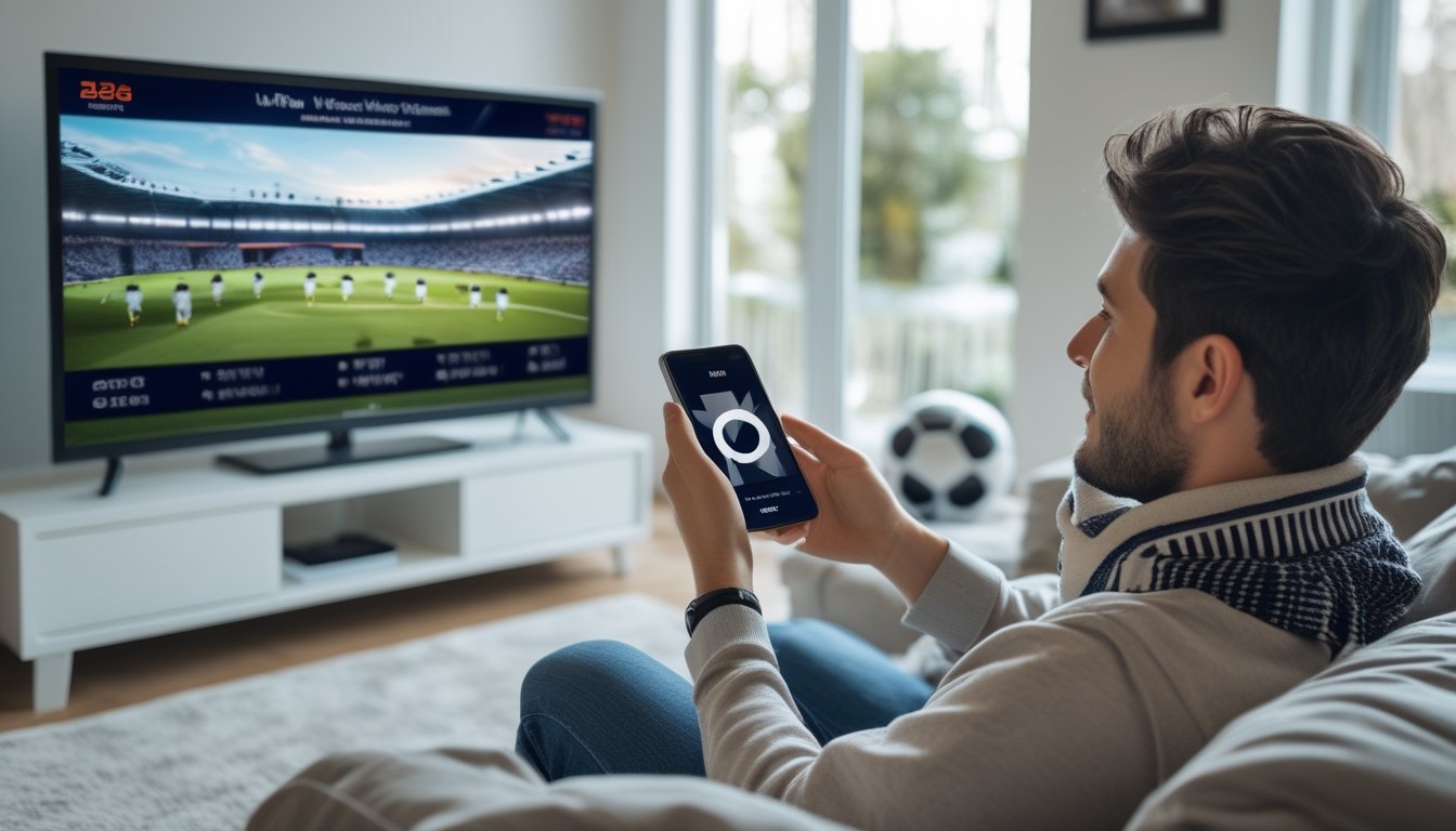 Seorang penggemar sepak bola menonton pertandingan di televisi sambil memegang ponsel.