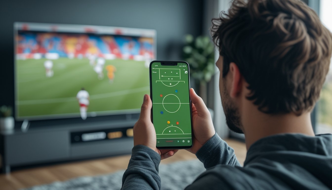 Seorang penggemar sepak bola melihat ponsel sambil menonton pertandingan di televisi.