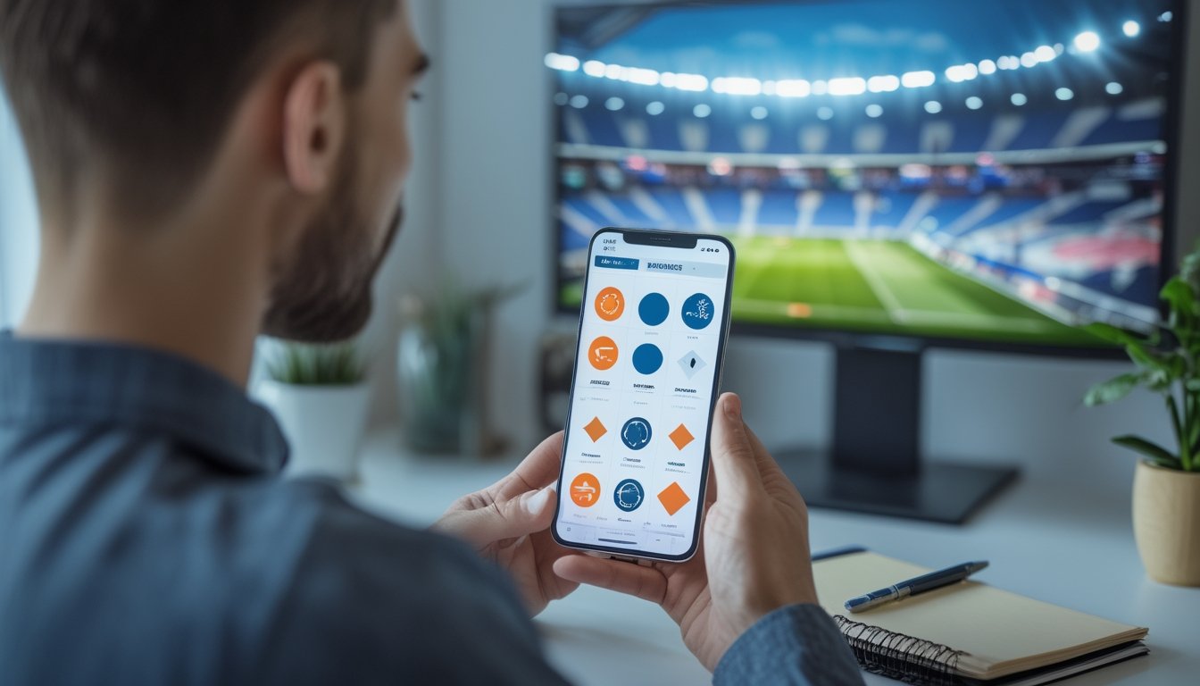 Seseorang melihat informasi pertandingan sepak bola di ponsel sambil duduk di depan layar yang menampilkan pertandingan.