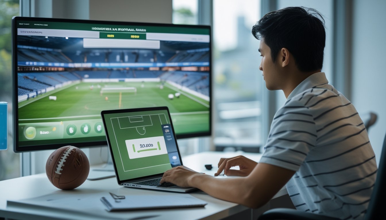 Seorang penggemar sepak bola menyaksikan pertandingan sambil menggunakan laptop dan ponsel di meja.