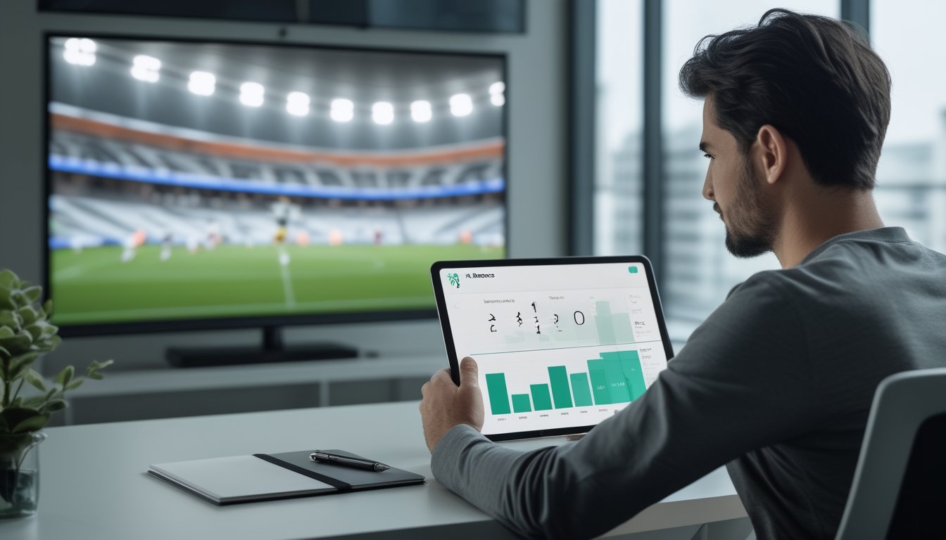 Seorang penggemar sepak bola mempelajari statistik pertandingan di tablet sambil menonton pertandingan di layar.