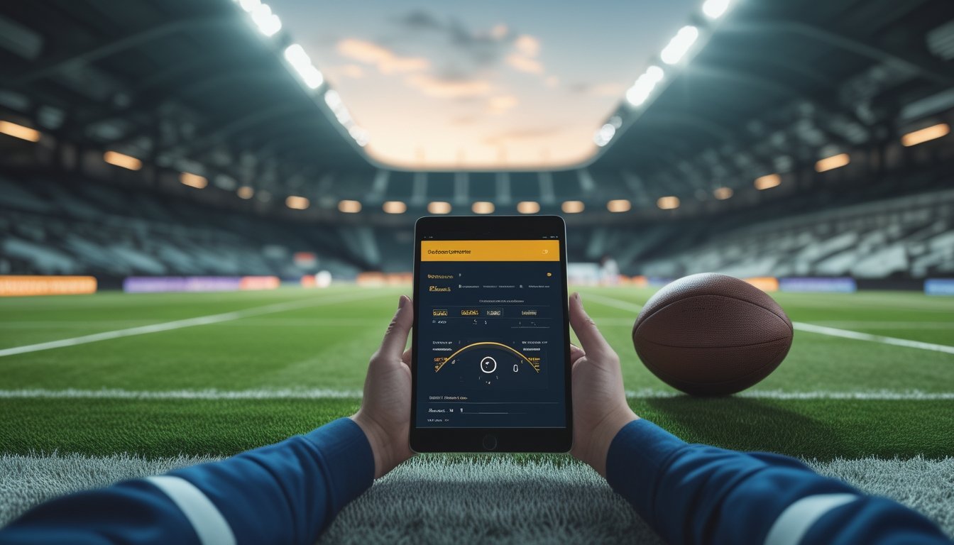 Seseorang melihat tampilan analisis pertandingan sepak bola di tablet di dekat bola, dengan stadion dan pemain di latar belakang.
