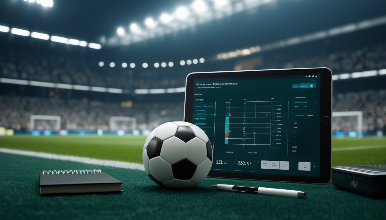 Bola sepak dan tablet berisi tampilan abstrak informasi pertandingan di stadion.