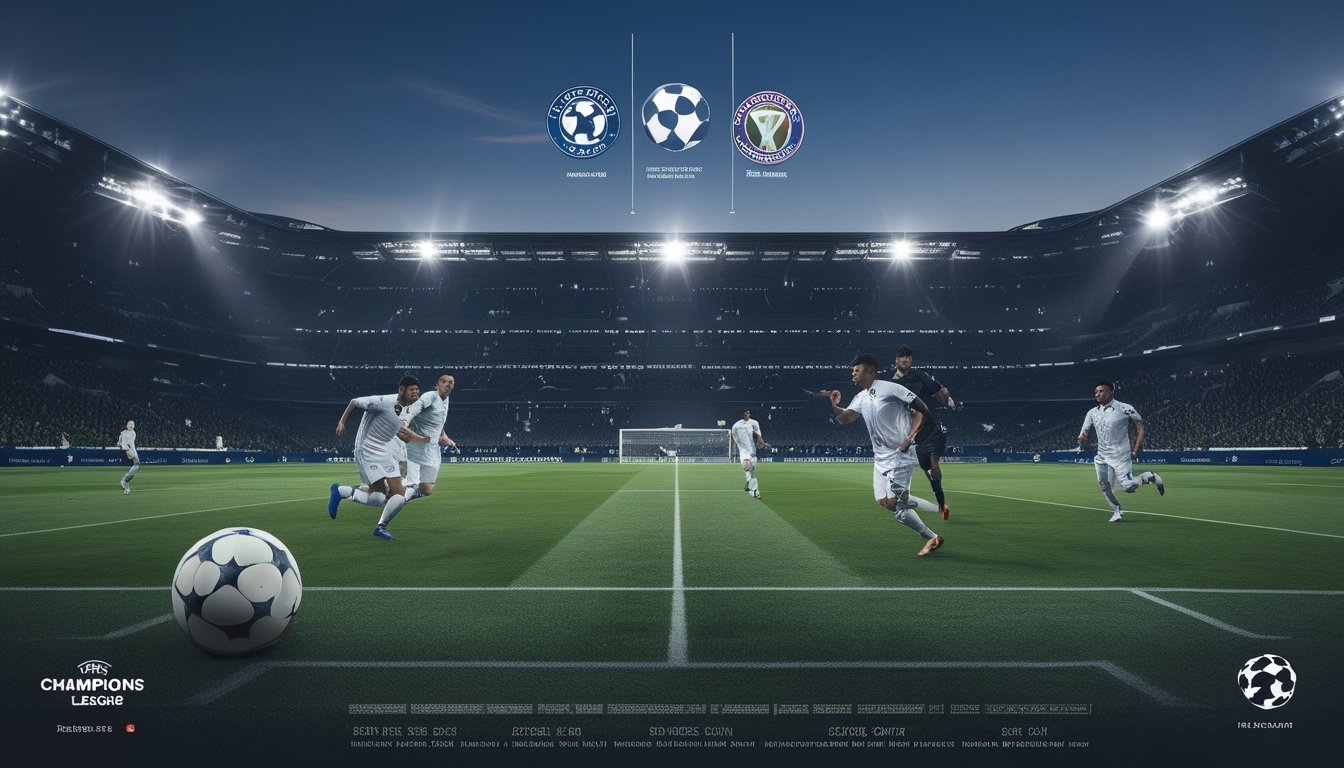 Dua tim sepak bola bertanding di lapangan stadion yang dipenuhi penonton pada malam hari.