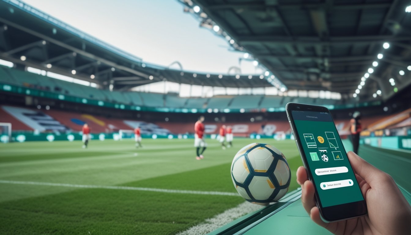 Pemain sepak bola melakukan pemanasan di lapangan stadion, dengan papan taktik dan ponsel di dekat bola.