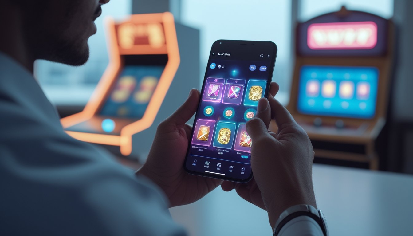Seseorang menggunakan ponsel untuk melihat permainan digital dengan latar mesin permainan klasik.