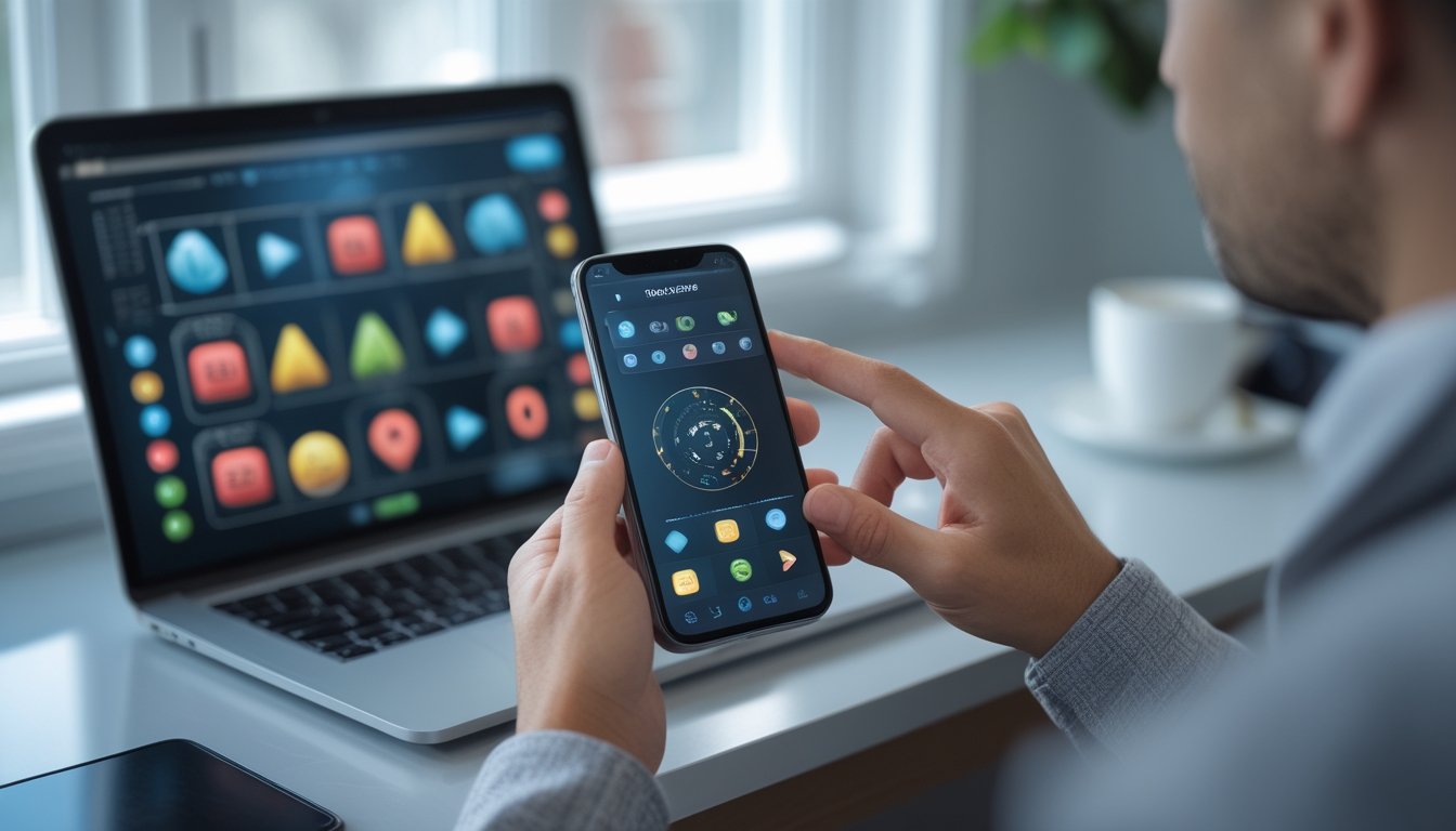 Seseorang menggunakan ponsel dengan tampilan permainan slot digital.