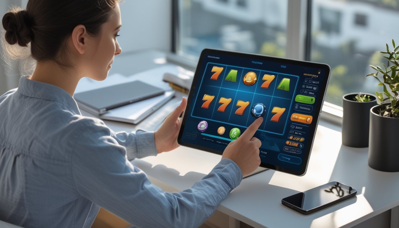 Seseorang mempelajari permainan slot melalui tablet di meja.