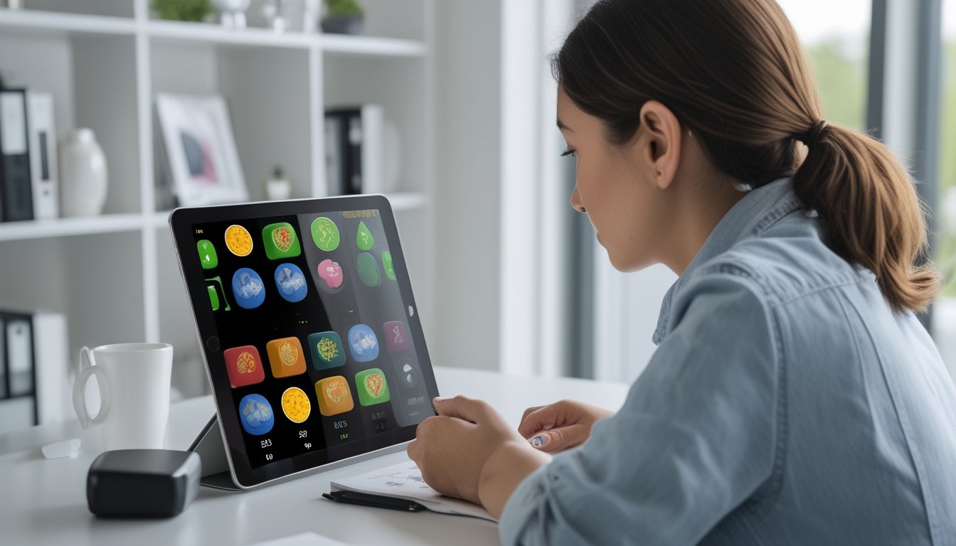Seseorang mempelajari tampilan permainan slot sederhana di tablet sambil mencatat.