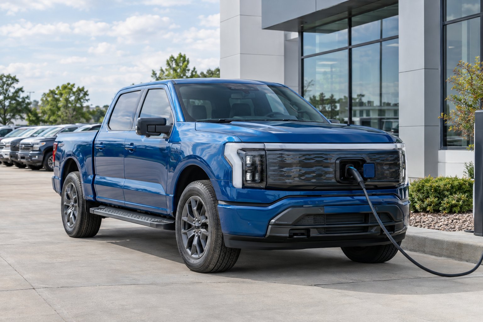 An electric pickup charging outside a dealership.