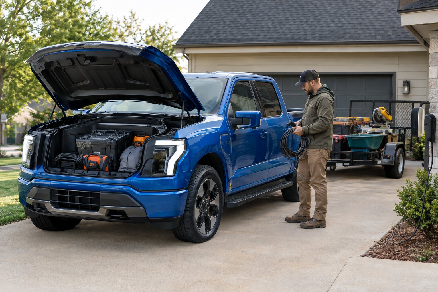 A blue electric pickup truck is parked beside a home with its front trunk open and a trailer nearby.