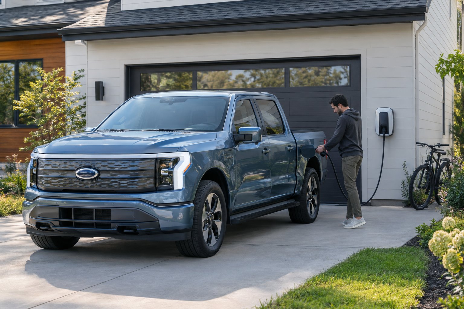 A person plugs an electric pickup into a home charger in a suburban driveway.