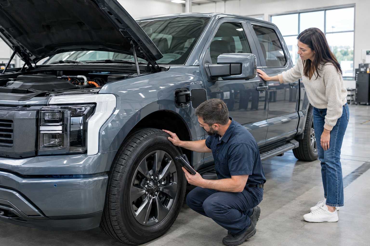 A buyer and an automotive inspector examine an electric pickup in a dealership bay.