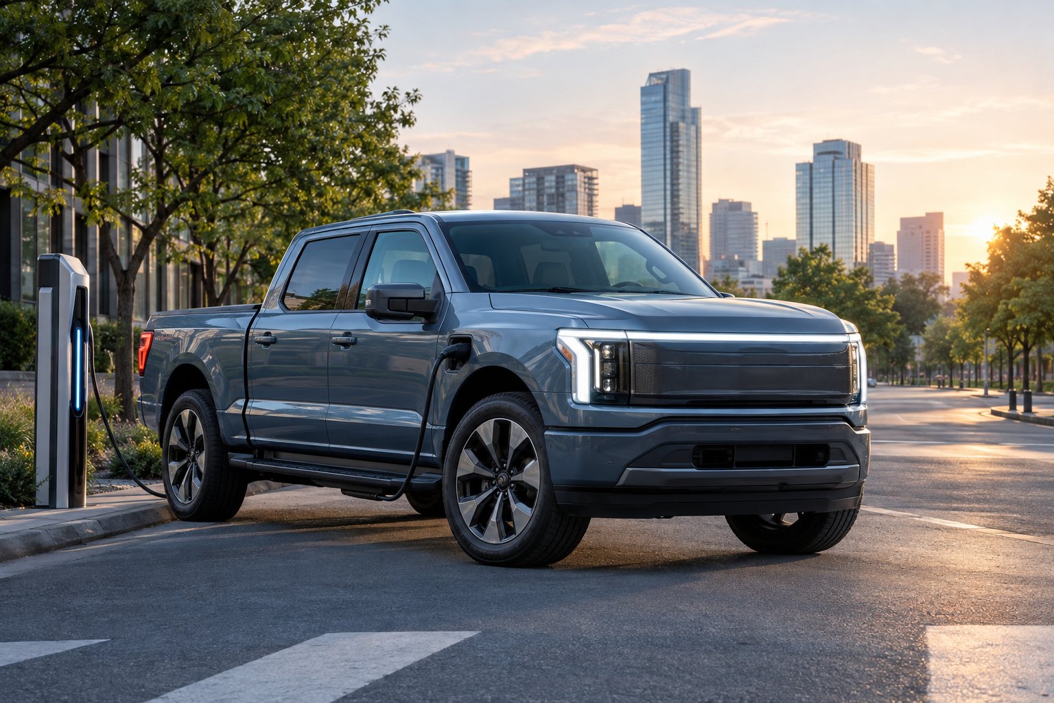 An electric pickup truck parked near a charging station on a city street at dawn.